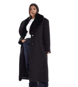 Asos Curve ASOS DESIGN Curve - Cappotto dad fit in misto lana nero con colletto in pelliccia sintetica