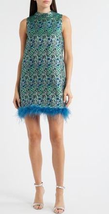 Lucy Paris Alyssa Jacquard Feather Trim Sleeveless Minidress in Teal at Nordstrom Rack, Size Large