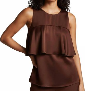 Ganni Double Viscose Satin Ruffle Top In Chickory Coffee