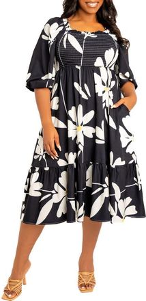 Buxom Couture Floral Smocked Midi Dress in Black Multi at Nordstrom, Size 1 X