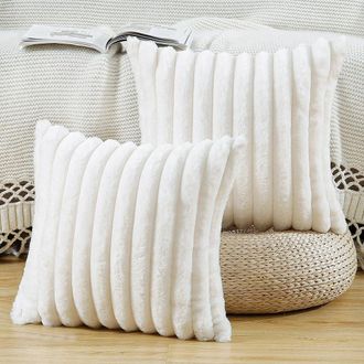 OEM Juego De 2 Fundas De Coj&iacute;n De Felpa De Piel Sint&eacute;tica, Fundas Decorativas Suaves A Rayas Para Sof&aacute; O Dormitorio, Color Blanco Crema, 45 X 45 Cm