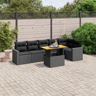 vidaXL Set De Comedor De Jard&iacute;n 7 Pzas Y Cojines Rat&aacute;n Sint&eacute;tico Negro Vidaxl