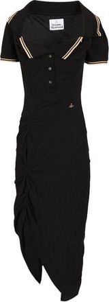 Vivienne Westwood Fitted Black Midi Dress with Ruched Detail and Contrasting Collar