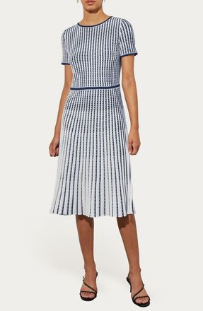 Ming Wang Grid Stripe Flare Knit Dress in Indigo/White at Nordstrom Rack, Size X-Small