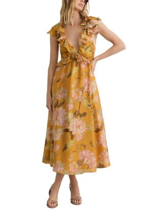 Reiss Lucy Floral Print Frill Trim Midi Dress