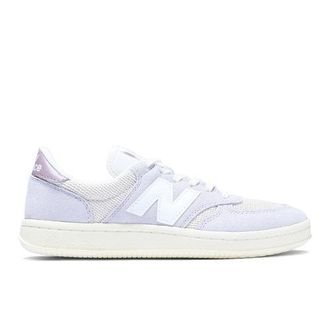 New Balance Unisex T500 en Gris/Beige/Púrpura/Blanco, Gamuza/Malla, Talla 37.5