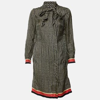 Carolina Herrera Black Herringbone Print Silk Shirt Dress
