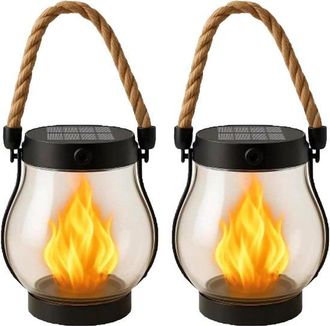 No Brand Faroles Solares Negros De 12x13 Cm Con Efecto De Llama Danzante, 2 Unidades, Con Cuerda De C&aacute;&ntilde;amo. Luces Colgantes Impermeables Para Exteriores, Ideal