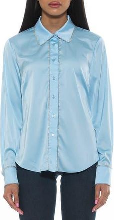 Alexia Admor Rachel Rhinestone Trim Satin Button-Up Blouse in Halogen Blue at Nordstrom Rack, Size 10