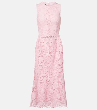 Monique Lhuillier Floral belted lace midi dress