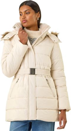 Roman Womens Faux Fur Padded Belt Coat - Cream - Size 16 UK
