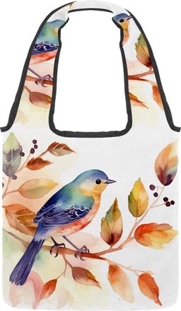 Generic Watercolor Bird Leaf Reversible Canvas Shoulder Tote - Double-Sided Print, 12oz Cotton, 27cm Drop, Fold-Flat Bag for Travel, Shopping, Street Outings