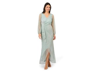 Adrianna Papell Metallic Mesh Gown Womens Dress Mint Smoke : 12, Polyester