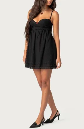 Edikted Bonny Eyelet Trim Cotton Babydoll Minidress in Black at Nordstrom, Size X-Small