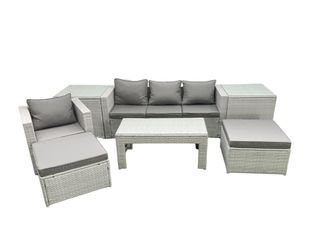 Fimous Outdoor Rattan Garden Furniture Set w/ Grey Cushions Luxury 6 Seater w/ 2 Big Footstools & Coffee Table, 2 Side Tables For Conservatory, Patio