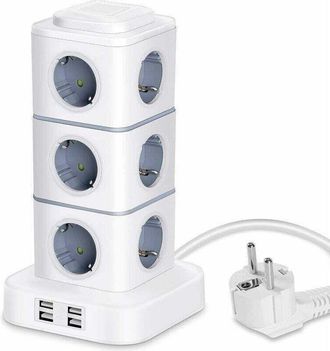 OEM Regleta Vertical Con 12 Enchufes + 4 Puertos Usb Con Protecci&oacute;n Contra Sobretensiones - Cable De Extensi&oacute;n De 3 M, 2500 W/10 A, Ideal Para El Hogar Y 