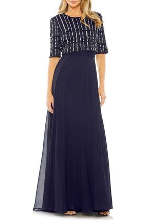 Mac Duggal Fully Beaded 3/4 Sleeves Top Chiffon Gown in Midnight at Nordstrom, Size 10