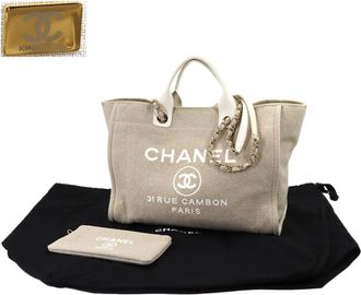 Chanel Beige White Canvas Leather Handbag Tote Bag (Pre-Owned)