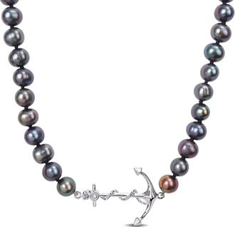 Amour 7-7.5mm Black Cultured Freshwater Pearl Mens Necklace with Sterling Silver Anchor Charm and Lobster Clasp