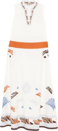 Herno Marine-Print Midi Dress With High Neckline And Drawstring Detail