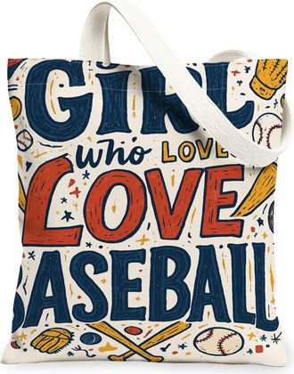 Generic Baseball Theme Canvas Tote Bags, Sporty Fun Design Reusable Grocery Bags, Summer Lightweight Washable Shoulder Strap Canvas, Multi-color, 13x15 Inch