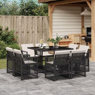vidaXL Vidaxl - Set De Comedor De Jard&iacute;n 9 Pzas Y Cojines Rat&aacute;n Sint&eacute;tico Negro