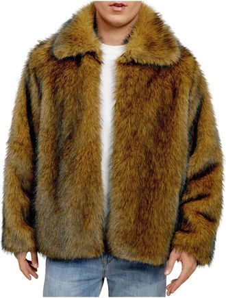 Generic Mens Faux Fur Coat Warm Furry Long Sleeve Jacket Stylish Comfortable Casual Turndown Collar Solid Color Pulsh Winter Coat Outdoor Walking