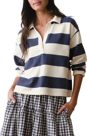 Marine Layer Luxe Stripe Sueded Cotton Polo in Navy Stripe at Nordstrom, Size X-Large