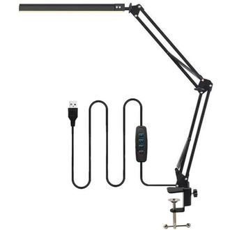 OEM L&aacute;mpara De Escritorio Y Lectura Led Negra Con Puerto Usb, Brazo Giratorio Y Pinza, Regulable, 3 Modos De Color, Protecci&oacute;n Ocular