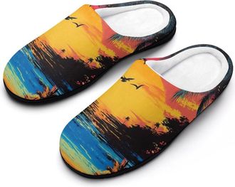 Generic Hawaiian Sunset Palm Trees Mens Slippers Slip On Comfortable Fleece Cotton House Shoes Winter