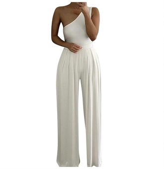 Generic Summer Rompers for Women Casual Long Pants Loose Shoulder Wide Cold Color Asymmetrical Women Jumpsuit Solid Womens Jumpsuit 2022 Summer Clothes Women 