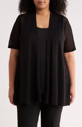 Anne Klein Semisheer Short Sleeve Cardigan in Anne Black at Nordstrom, Size 2X