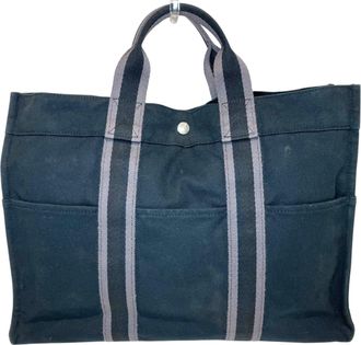 Herm&egrave;s Black Gray Canvas Tote Bag (Pre-Owned)
