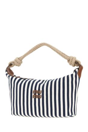 Miu Miu Womens Embroidered Canvas Shopping Bag Blucognac Borse A Mano