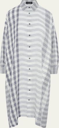 Eskandar Striped Linen Wide A-Line Shirt Dress With Collar