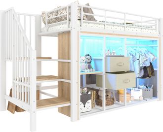 STILVORA Cama Alta 90 X 200 Cm Con 2 Cajones, Perchero Abierto, Led Multicolor Y Almacenamiento, Sin Colch&oacute;n, De Metal, Blanco