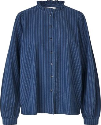 Lollys Laundry Overhemden, Dames, Blauw, XL, Katoen, River LL Gestreept Overhemd Lange Mouw