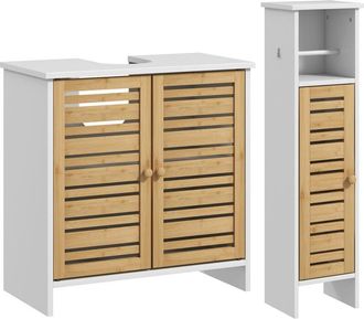 HOMCOM Homcom - conjunto de baño incluye 1 mueble bajo lavabo 1 columna de baño estrecha con puertas de bambú portarrollos de papel blanco y natural