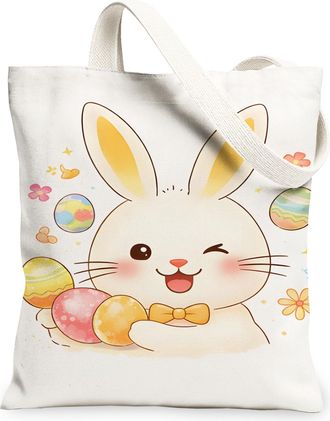 Generic Easter Bunny Canvas Tote Bags, Cute Animal Design Reusable Bags, Spring Floral Lightweight Washable Shoulder Strap Canvas F, White, 13x15 Inch