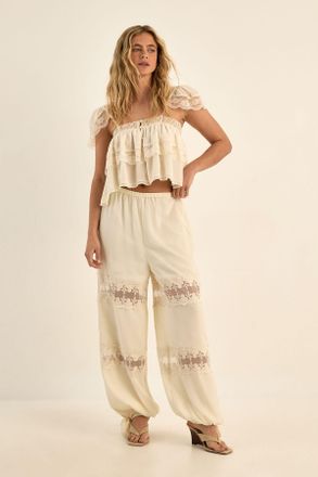NASTY GAL Womens Chiffon Lace Trim Balloon Leg Tie Cuff Co-ord Trousers - Cream - Size 12 UK