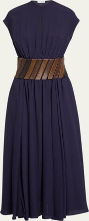Alaia Leather Belted Cap-Sleeve Midi Dress