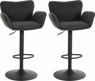 Hhg Hhg - Juego De 2 Taburetes De Bar 098, Taburete De Bar, Con Reposabrazos Reposapi&eacute;s Giratorio Tela/textil Hierro Mvg, Gris Oscuro Pie Negro