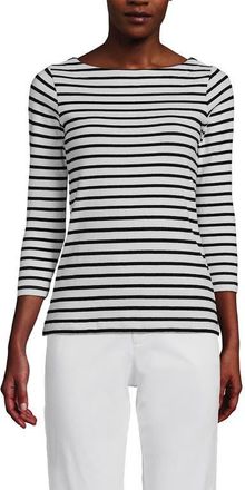 Lands End Mariner Jersey Boatneck Top in Oyster/black Breton Stripes at Nordstrom, Size X-Small