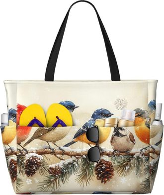 Generic Winter Birds Print Large Beach Bag Foldable Travel Shoulder Tote Bag With Pocket For Weekender Pool Vacation