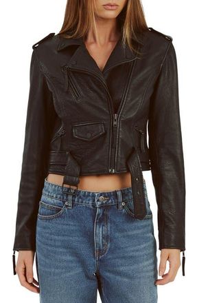 Bardot Crop Leather Moto Jacket in Black at Nordstrom, Size 12