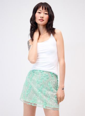 Twik Womens Flowers, sequins and pearls turquoise miniskirt