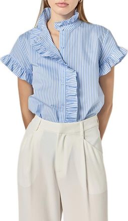 English Factory Stripe Ruffle Button-Up Shirt in Powder Blue at Nordstrom, Size X-Small