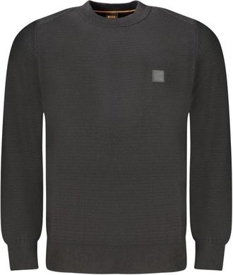 HUGO BOSS Katoenen Piqu&eacute; Sweater met Logopatch - Heren - Ronde hals truien - Zwart - L - Katoen - Truien & Vesten