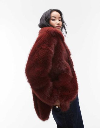 Topshop faux fur midi coat in burgundy-Red
