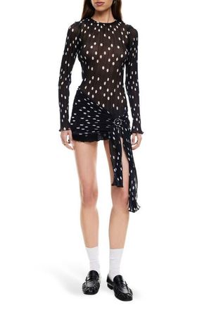 Lioness Ford Long Sleeve Dot Minidress in Noir Polka at Nordstrom, Size X-Large